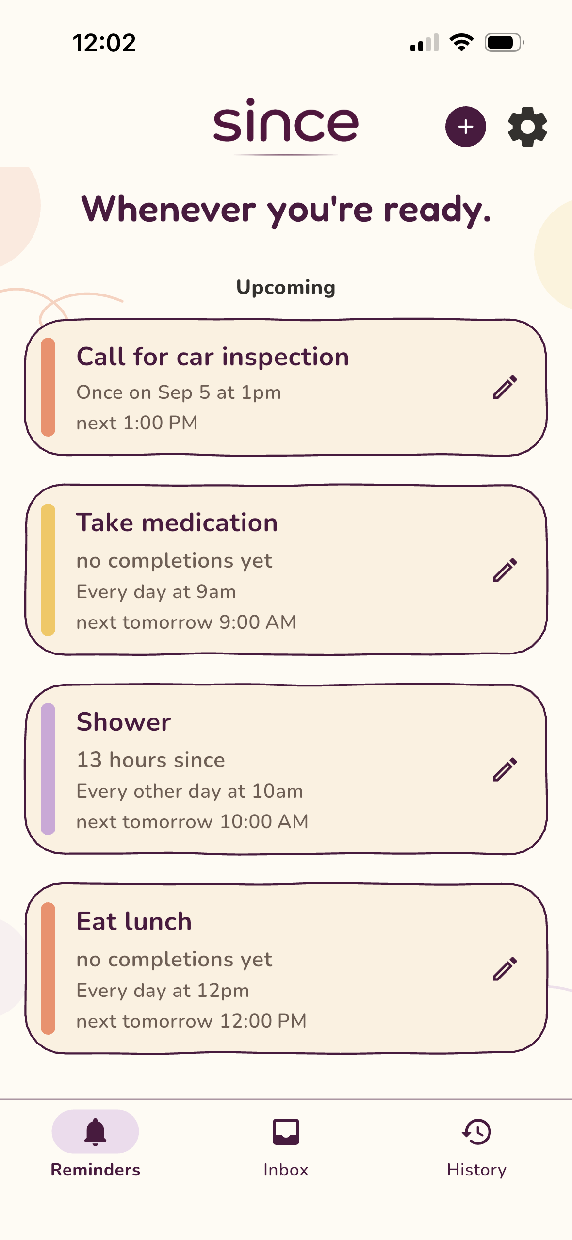 The Since app home screen: a list of gentle reminders